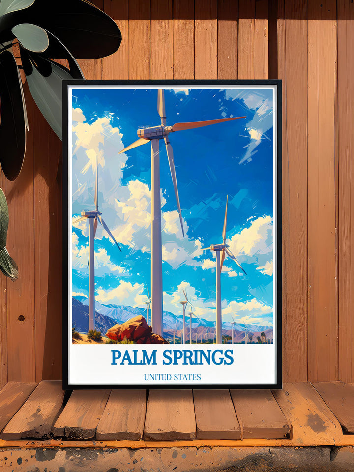 Palm Springs Windmills Travel Print featuring a beautiful depiction of the windmills against a desert landscape ideal for travel enthusiasts and elegant gifts