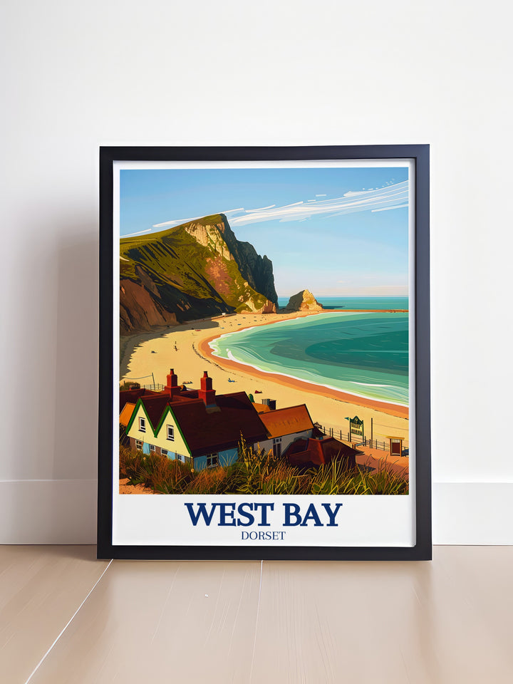 Jurassic Coast travel print showcases the dramatic cliffs and geological wonders of this famous UNESCO World Heritage site. Perfect for nature lovers and adventurers, this artwork captures the rugged charm of Englands southern coast, making it an ideal addition to any space.