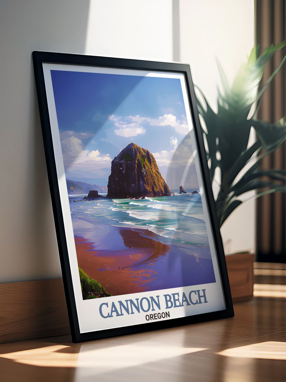 Stunning Cannon Beach print showcasing the beauty of Haystack Rock with fine line details and colorful art making it a captivating addition to your wall art collection and home decor