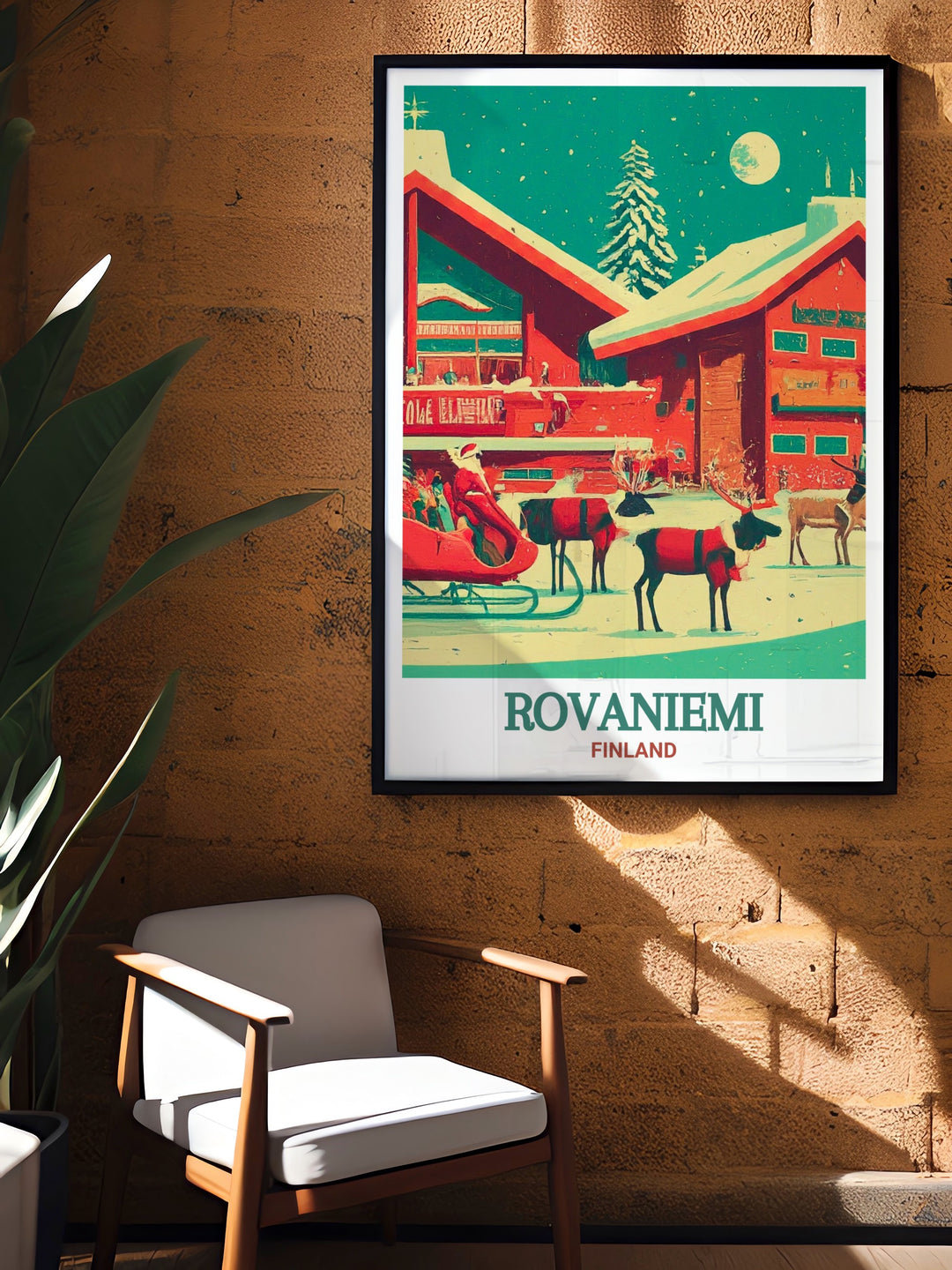 A vibrant print of Santa Claus Village in Rovaniemi, Finland, capturing the essence of the Arctic winter wonderland. This artwork is a great addition to any home, bringing warmth and festive cheer.