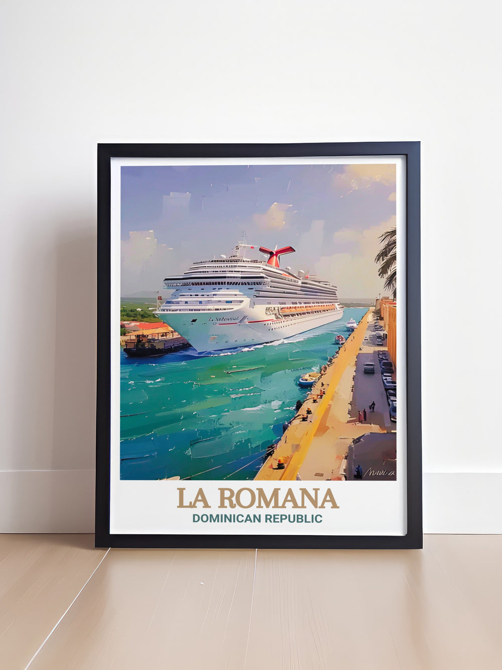 Vivid colors and fine details bring La Romana Port to life in this canvas art, offering a stunning representation of Caribbean life.