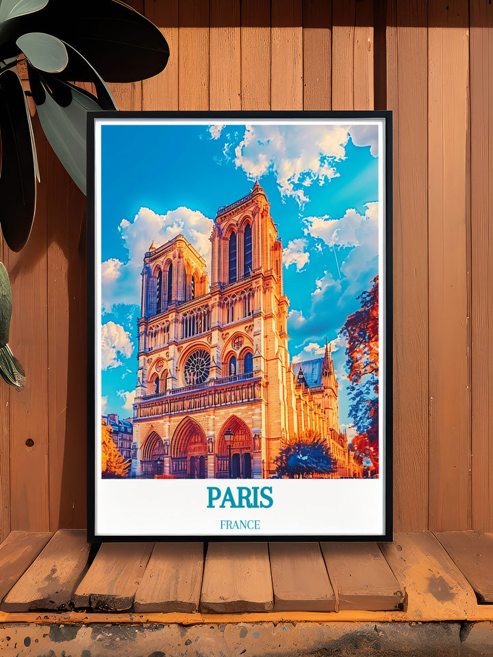 Bright Paris Travel Print Poster featuring a detailed depiction of the Notre Dame Cathedral. A beautiful addition to your home decor that captures the essence of Parisian elegance.