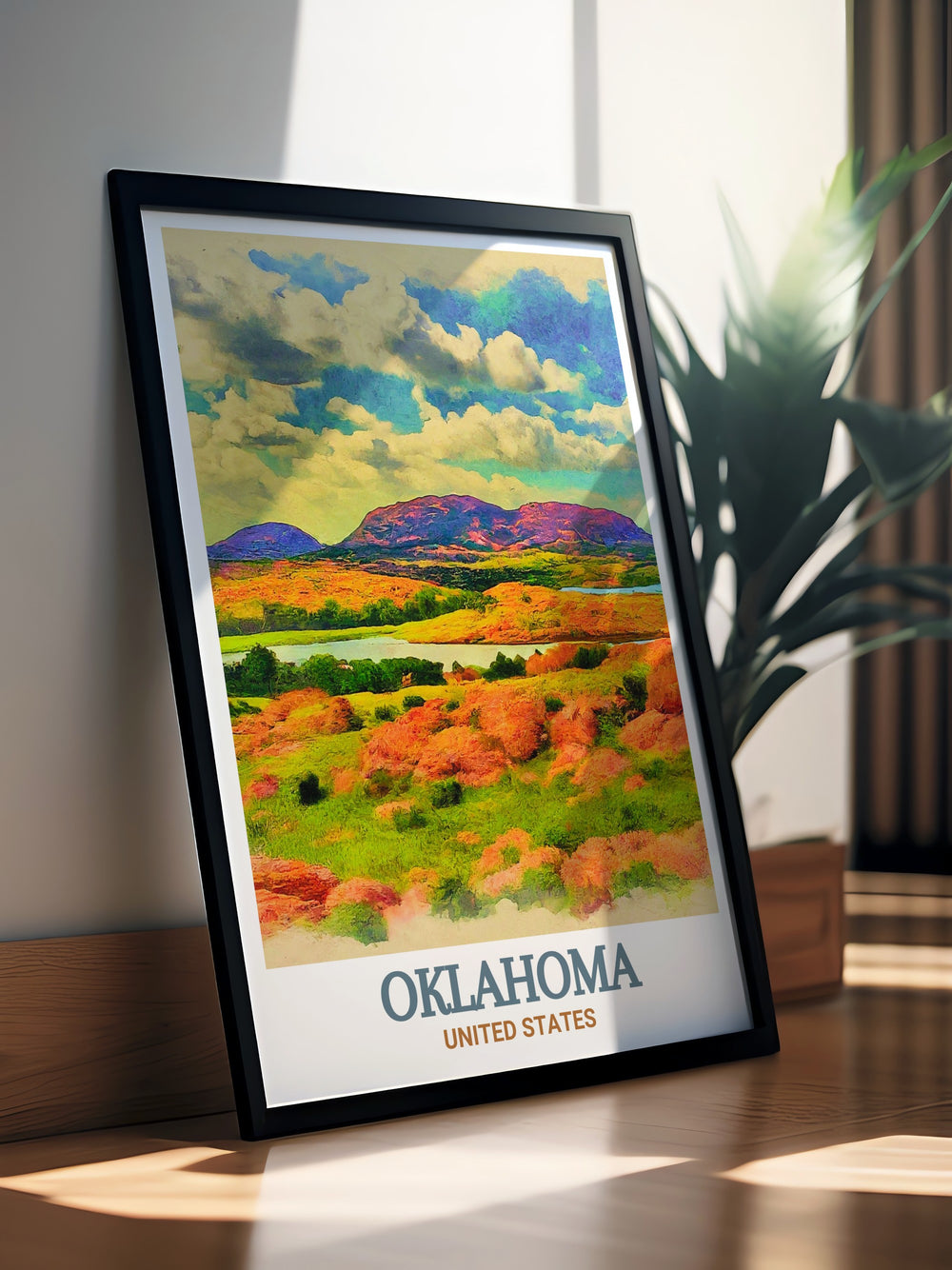 Wichita Mountains Wildlife Refuge art print paired with a detailed Oklahoma street map. Perfect for adding a touch of nature and urban elegance to any room. Ideal for gifting on special occasions like birthdays anniversaries or holidays for nature lovers.