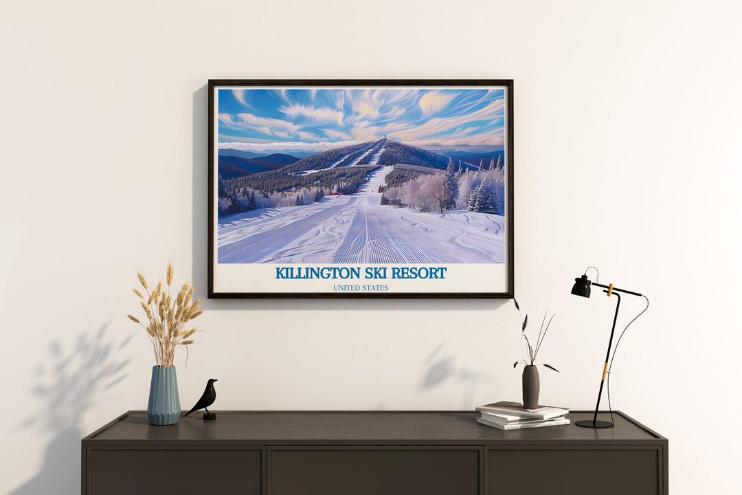 Scenic winter artwork of Killington Peak featuring snow draped peaks and skiers navigating the snow covered terrain. This depiction reflects the energy of winter sports and the serene charm of the snowy landscape, perfect for adding alpine elegance to your home or office decor.