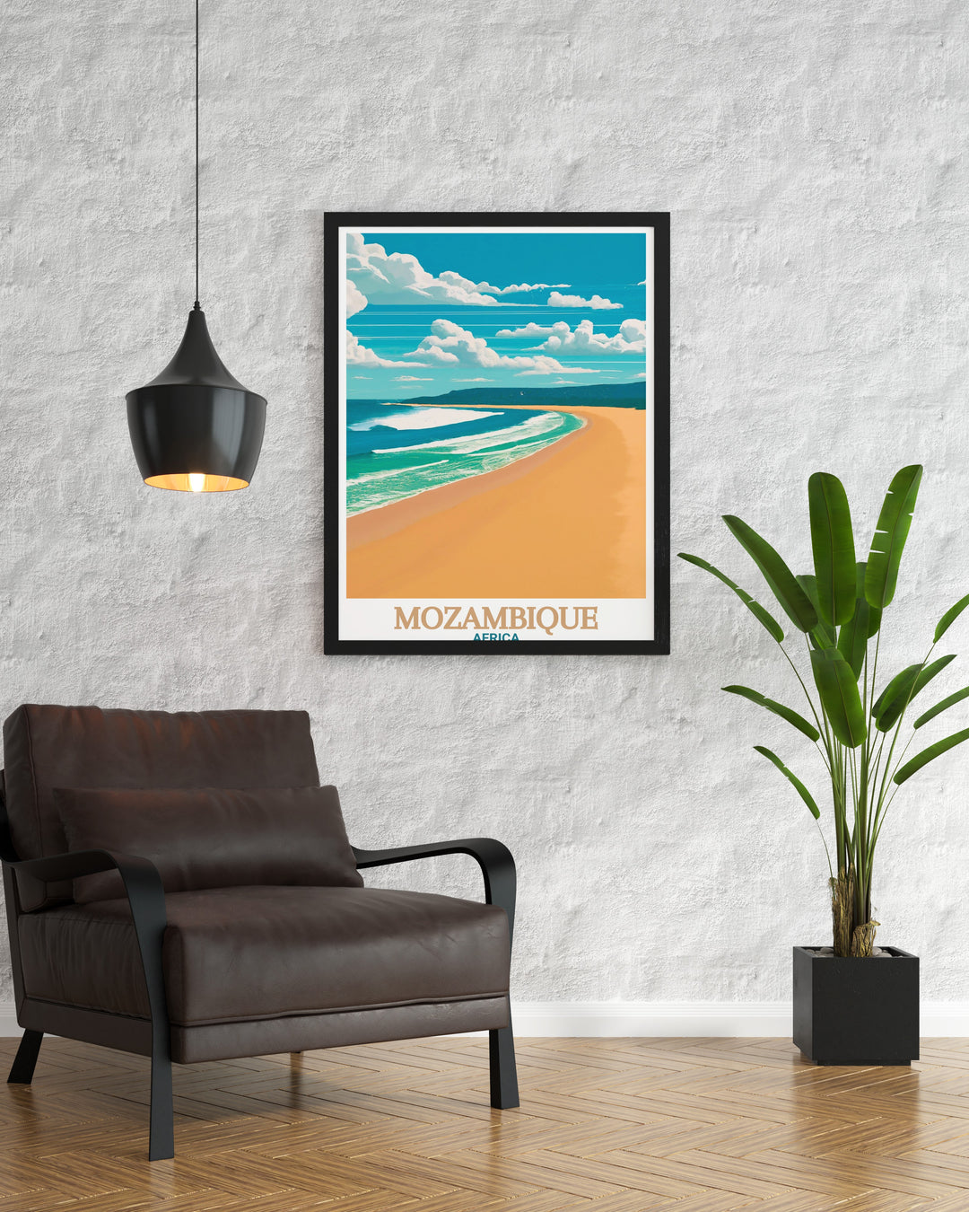 Mozambique Poster Print featuring Tofo Beach, capturing the peaceful coastline of Mozambique with its white sands and crystal clear waters. This travel print showcases the beauty of Mozambiques Indian Ocean shores, making it an excellent addition to any home decor for those who love African travel destinations.