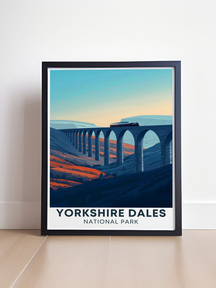 Featuring the iconic Ribblehead Viaduct this print highlights the stunning landscape of the Yorkshire Dales ideal for home decor and gifts for history and nature enthusiasts.