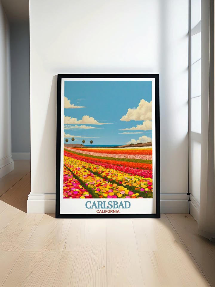 Highlighting the colorful Flower Fields at Carlsbad Ranch, this poster print is an ideal piece of wall decor for nature lovers and travelers alike. The vibrant design celebrates the beauty of Carlsbad, making it a great gift for any occasion.