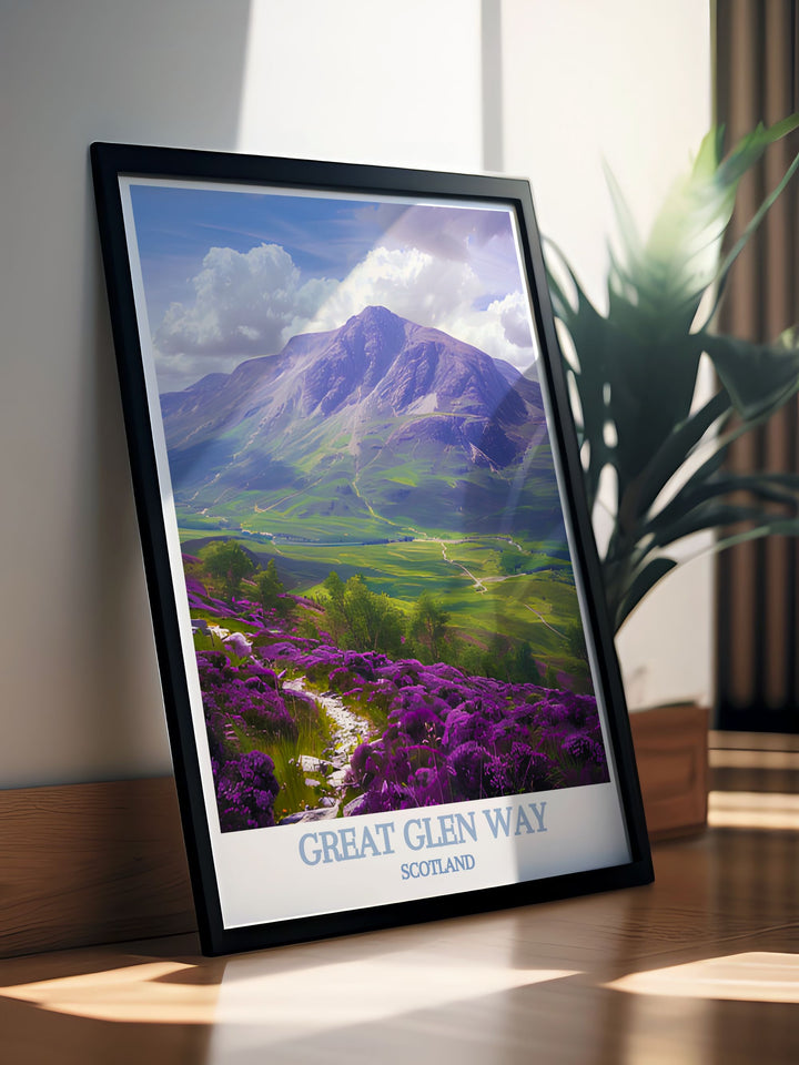 Featuring the iconic Ben Nevis, this poster celebrates the breathtaking landscapes of the Great Glen Way, perfect for enhancing your home with the beauty of Scotlands highest mountain.