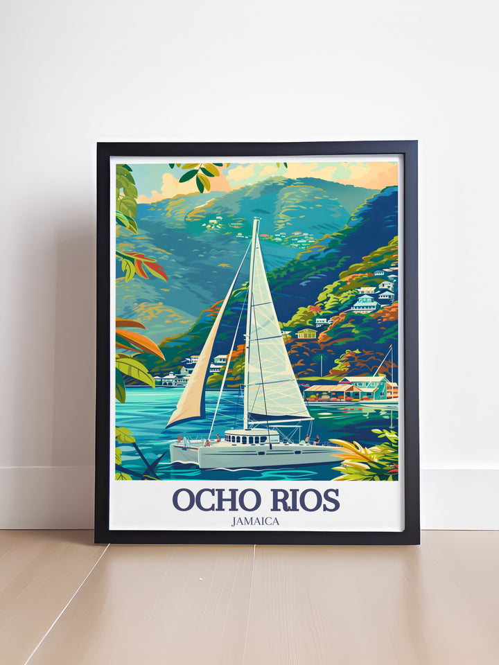 Discover the breathtaking beauty of Ocho Rios with this detailed poster print, featuring the pristine Caribbean Sea and the iconic beaches of this tropical paradise. Perfect for adding a touch of Caribbean charm to your home, this travel print captures the essence of Ocho Rios with its vibrant colors and intricate details.