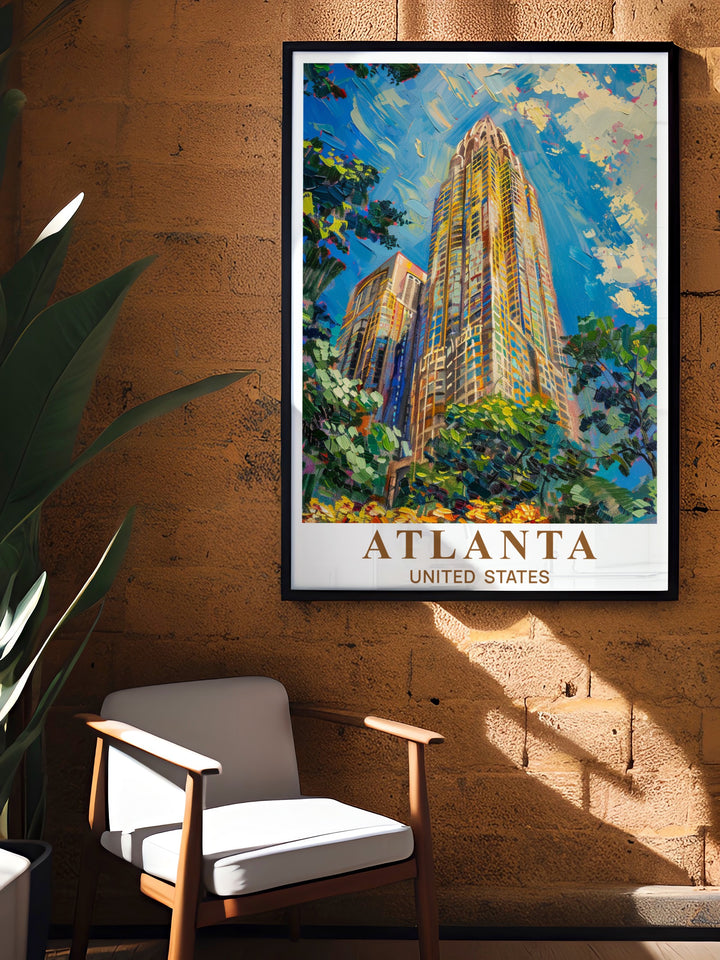 Peachtree Towers stunning prints capture the beauty of Atlantas skyline. Perfect for traveler gifts or as a unique piece of modern décor this Atlanta poster brings the citys vibrant energy into your living space with elegance and style.