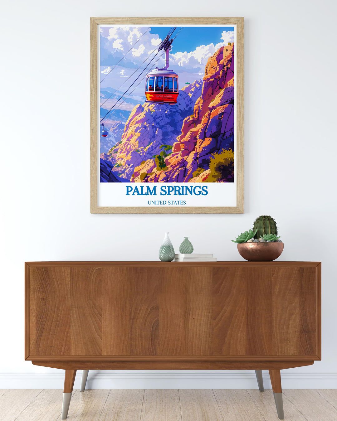 Vibrant Palm Springs Aerial Tramway Poster featuring a detailed view of the tramway against a backdrop of the scenic desert landscape perfect for home decor