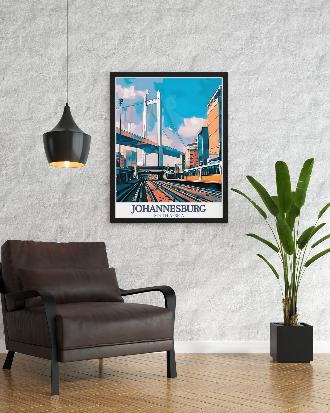 A minimalist travel print featuring Johannesburgs Nelson Mandela Bridge and Park Station. This artwork is perfect for fans of urban art and South African culture, offering a sleek addition to any room.