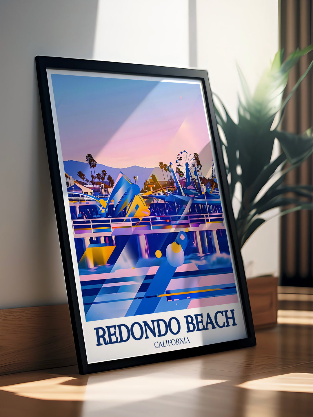 Redondo Beach wall print featuring the lively landmarks of Redondo Beach and Redondo Arcade, two of Southern Californias most cherished spots. This travel poster is ideal for adding a touch of ocean inspired art to your home décor, celebrating the beachs energy and charm.