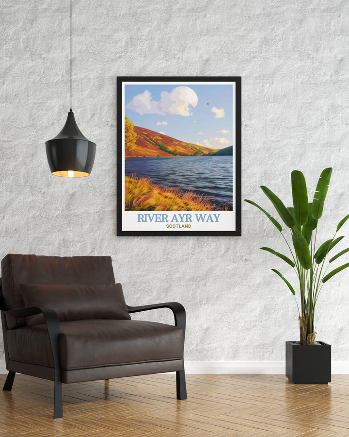 River Ayr Way and Glenbuck Loch scenic poster highlighting the rugged beauty and tranquil charm of these landmarks in Scotland. This detailed artwork depicts the trail and Glenbuck Loch, making it a perfect addition to your wall art collection. Ideal for those who love the outdoors and historical sites.