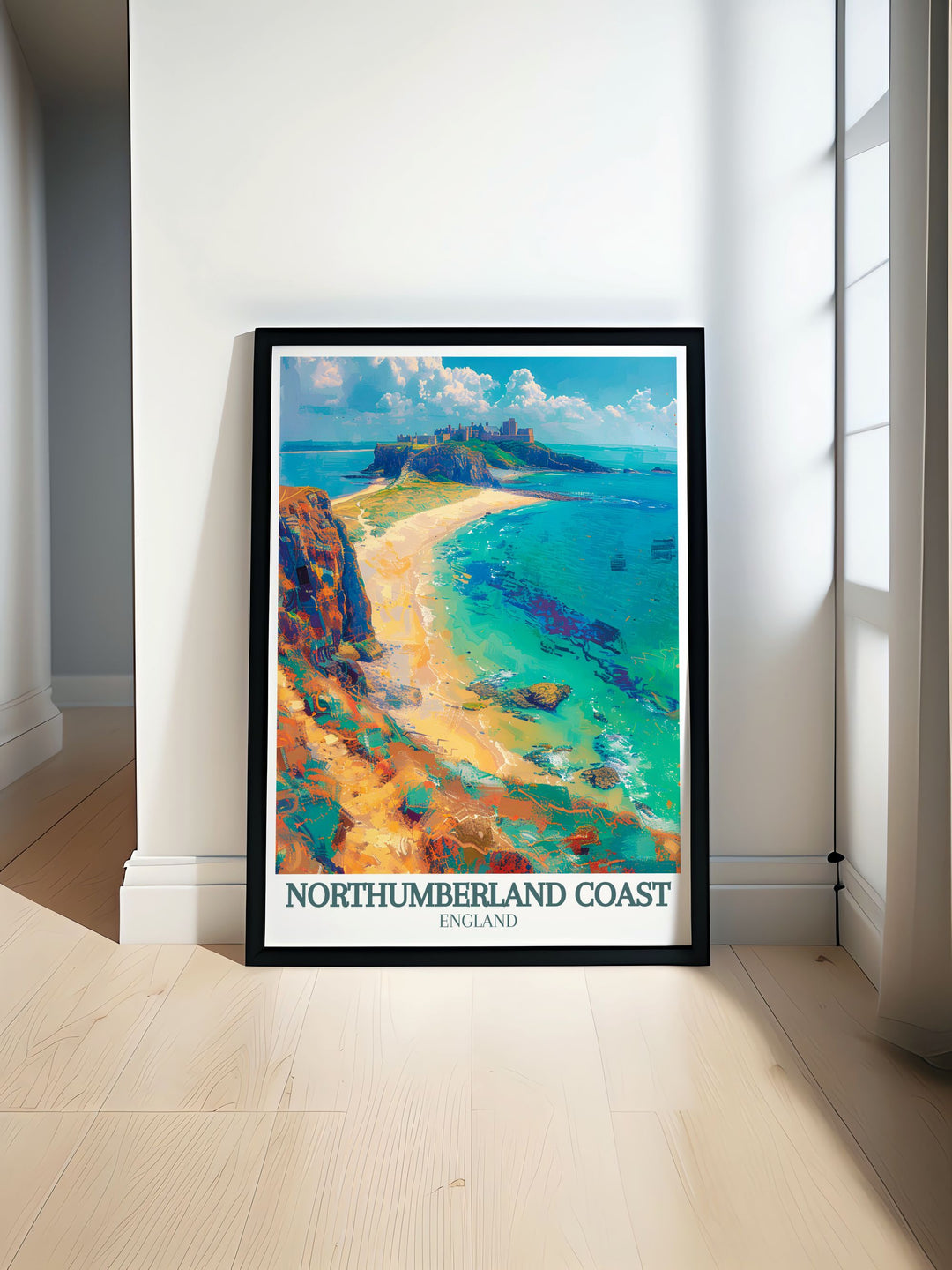 Northumberland Coast print featuring the majestic Bamburgh Castle and the historic Dunstanburgh Castle showcasing the timeless beauty of Northumberlands landscapes and iconic landmarks ideal for home decor and vintage art enthusiasts.