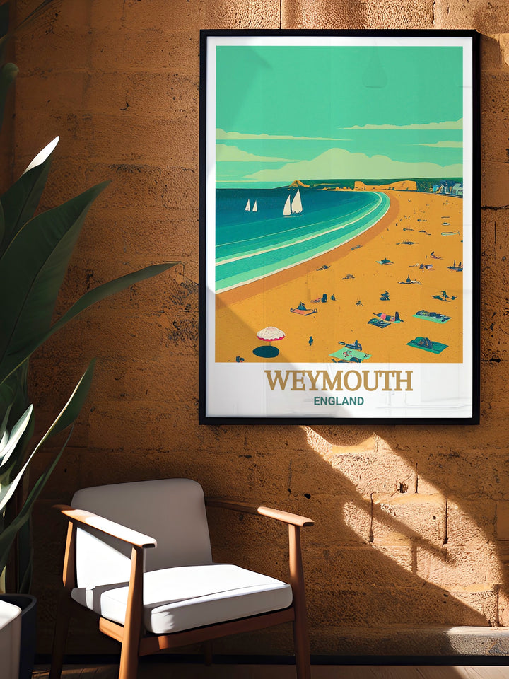 Travel poster of Weymouth Beach showcasing its vibrant atmosphere and stunning coastal views. This artwork highlights the charm of this popular seaside destination, making it an ideal addition to any travel art collection.