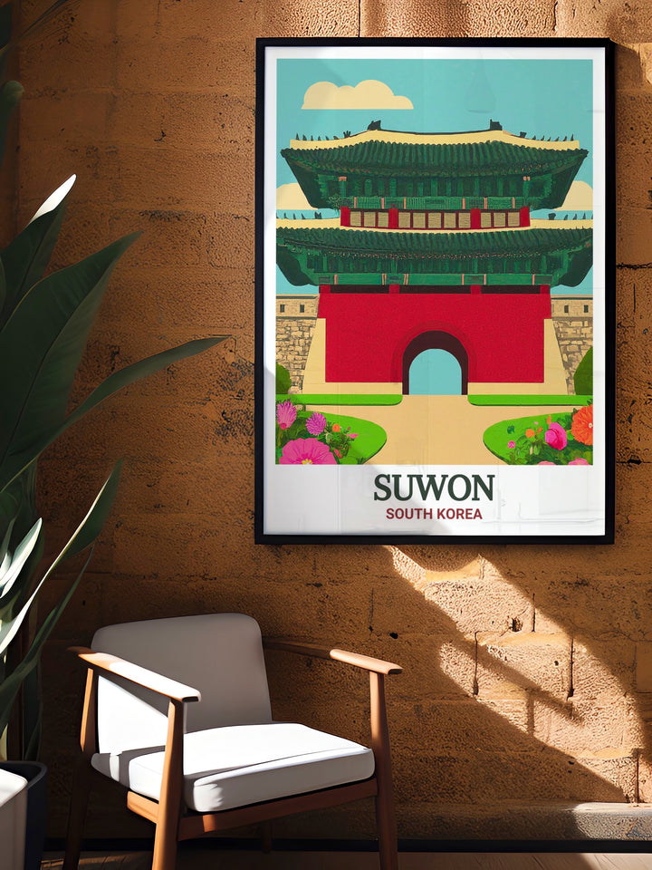 A detailed depiction of Paldalmun Gate in Suwon, South Korea. This travel print captures the historic significance of the gate, making it the perfect piece of South Korea wall art for those who appreciate the beauty of ancient architecture.