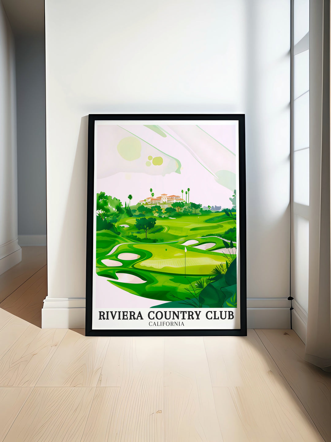 Featuring the Riviera Country Clubs challenging 18th Hole and the picturesque Pacific Palisades, this travel poster offers a perfect balance of nature and sport. With the Riviera Club House depicted in fine detail, its an ideal gift for golf lovers.