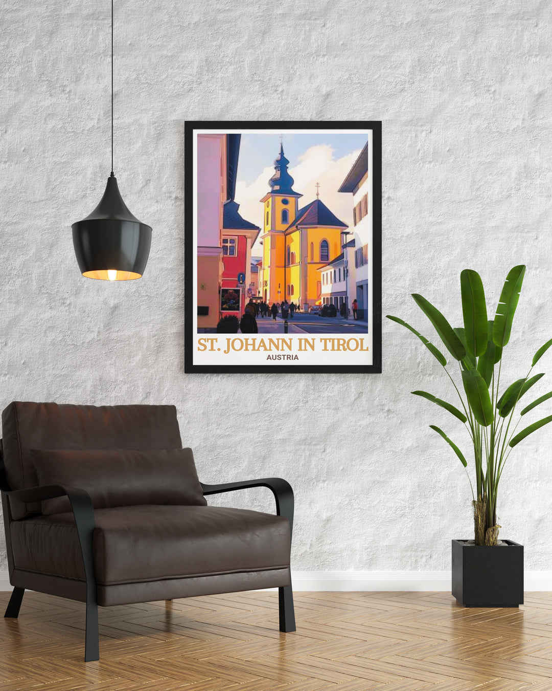 A stunning Austria travel print featuring St. Johann in Tirols snow capped mountains and the iconic St. Johann Parish Church. Perfect for art lovers and travelers alike, this print brings the beauty of Austria into any space.