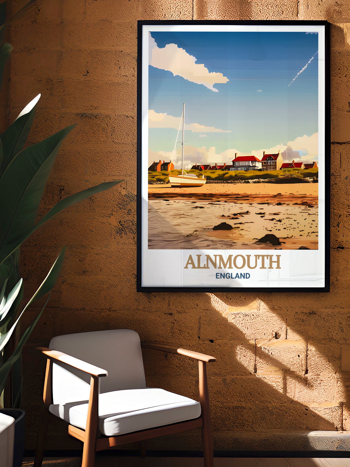 Transform your space with our elegant Alnmouth Beach art print designed to showcase the stunning scenery of Northumberlands coastline perfect for creating a calming atmosphere in any room