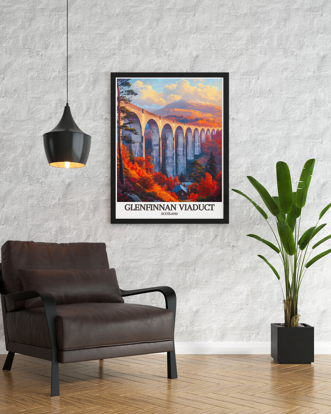 Canvas art featuring the Glenfinnan Viaduct, capturing the picturesque landscape and historical significance of this Scottish landmark, a great addition for fans of railway history and Harry Potter.