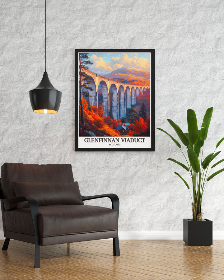 Canvas art featuring the Glenfinnan Viaduct, capturing the picturesque landscape and historical significance of this Scottish landmark, a great addition for fans of railway history and Harry Potter.