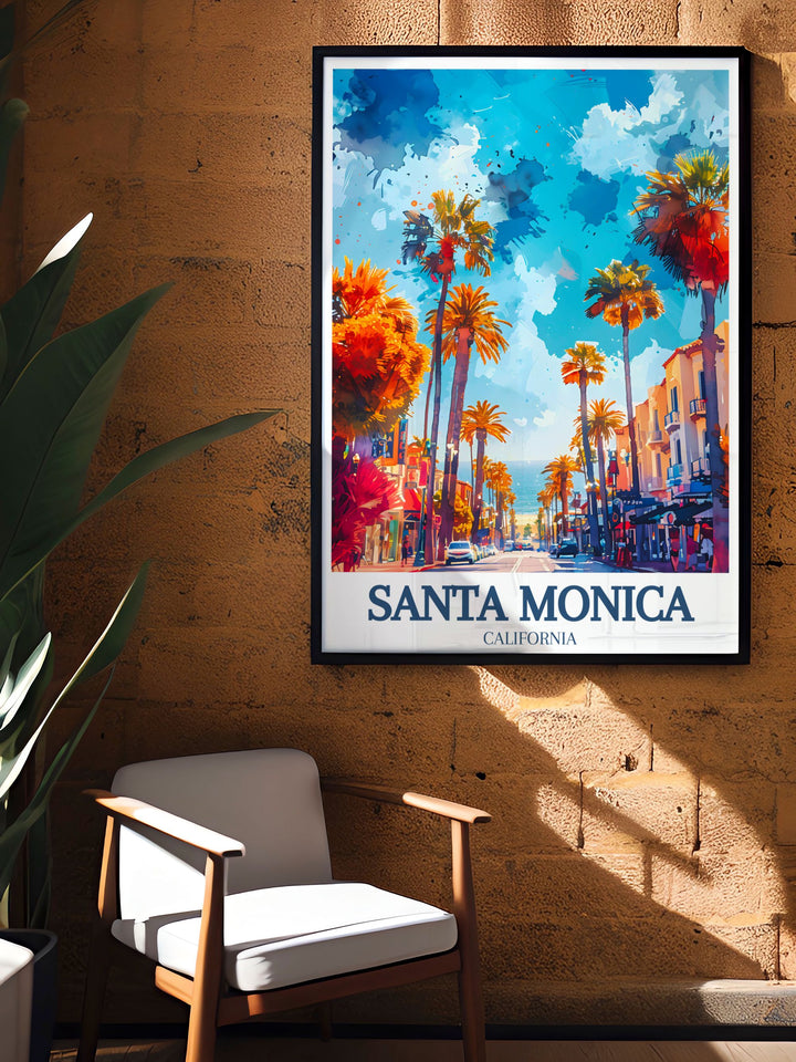 Santa Monica travel print showcasing the Piers famous Ferris wheel, the lively Third Street Promenade, and the modern Santa Monica Place. This detailed and colorful artwork brings a touch of Californias coastal and urban charm to any room. Perfect for anyone who loves beachside adventures and city life.