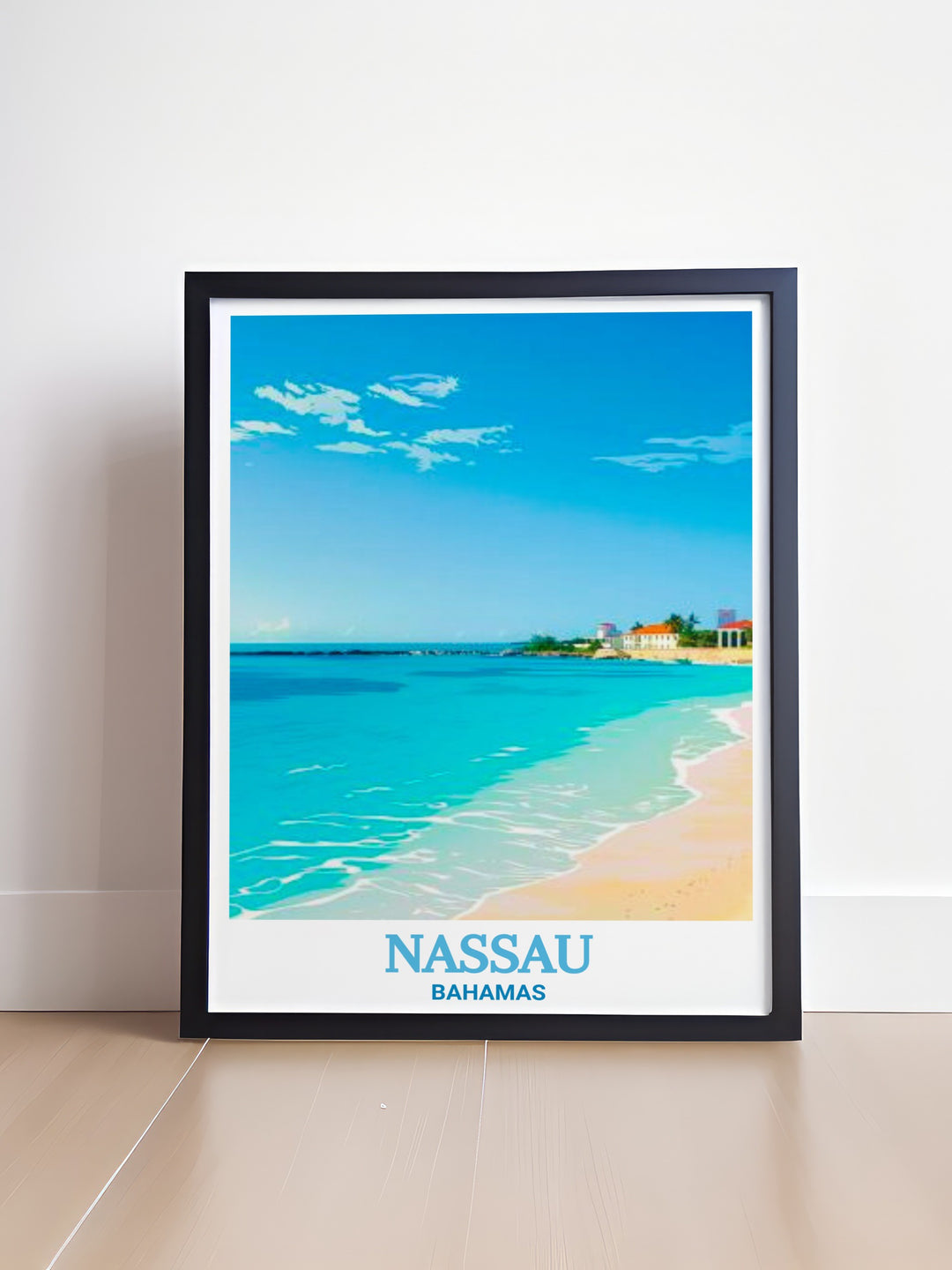 Nassau Travel Print capturing the beauty of Junkanoo Beach, a lively and scenic beach known for its stunning views of the Caribbean. This poster is the perfect way to remember your travels or to inspire your next adventure to Nassau.