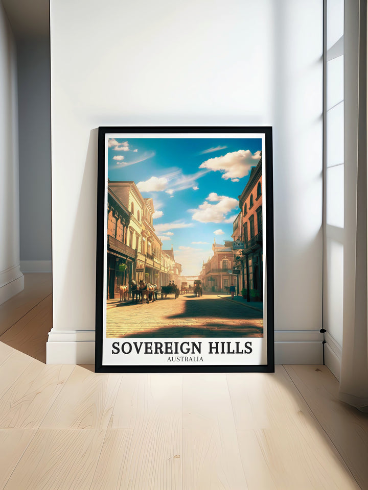 Historical Main Street wall decor portraying the vibrant atmosphere of Sovereign Hill during the gold rush, perfect for adding a touch of heritage to your home or office