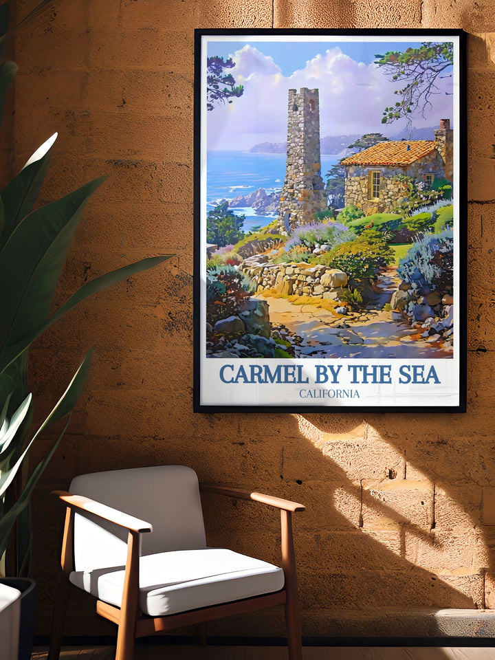 Showcasing the historic Tor House, this travel poster highlights its rugged beauty and poetic significance. Ideal for adding a touch of literary heritage to your home decor and celebrating one of Californias cultural landmarks.