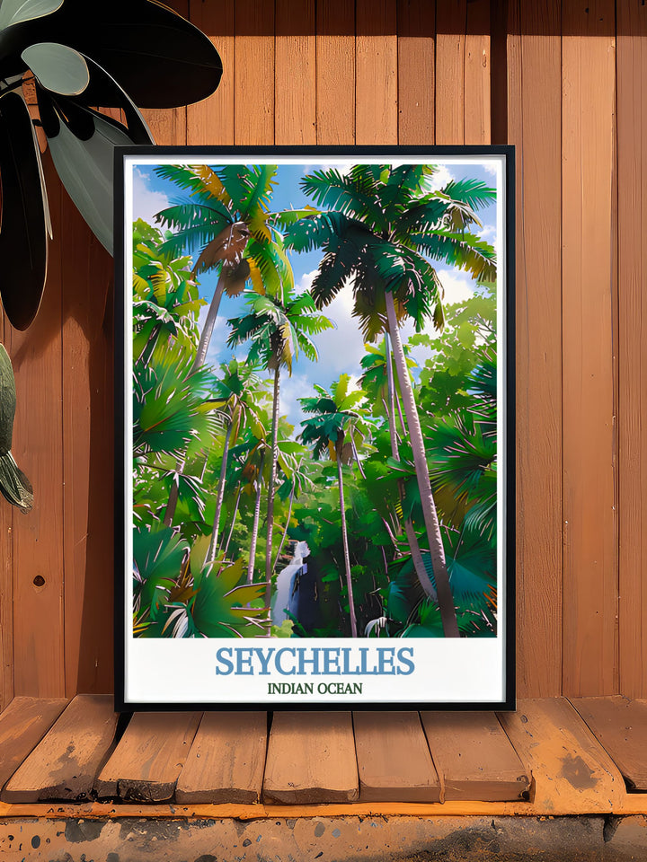 The iconic Vallée de Mai and the tranquil Indian Ocean are beautifully illustrated in this poster, showcasing the natural beauty and inviting atmosphere of Seychelles.