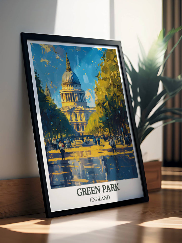Constitution Hill poster showcasing the natural beauty and historic landmarks of Green Park London perfect for home living decor and gifts that capture the essence of Londons royal parks.