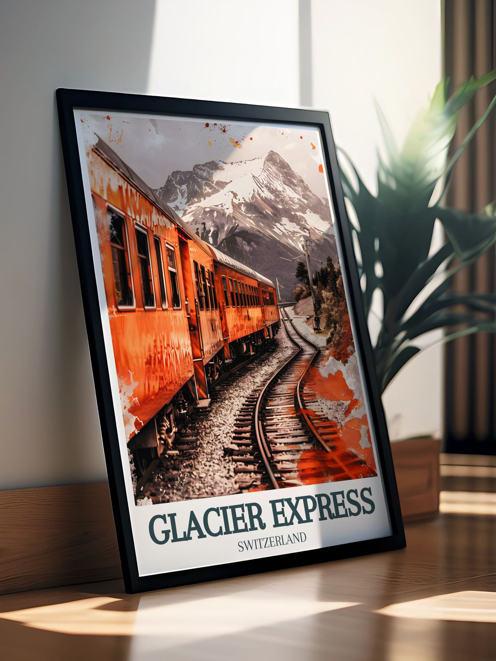 Experience the stunning landscapes of the Swiss Alps with our Glacier Express train Matterhorn travel art print capturing the serene beauty of Switzerland and its famous railroad journey