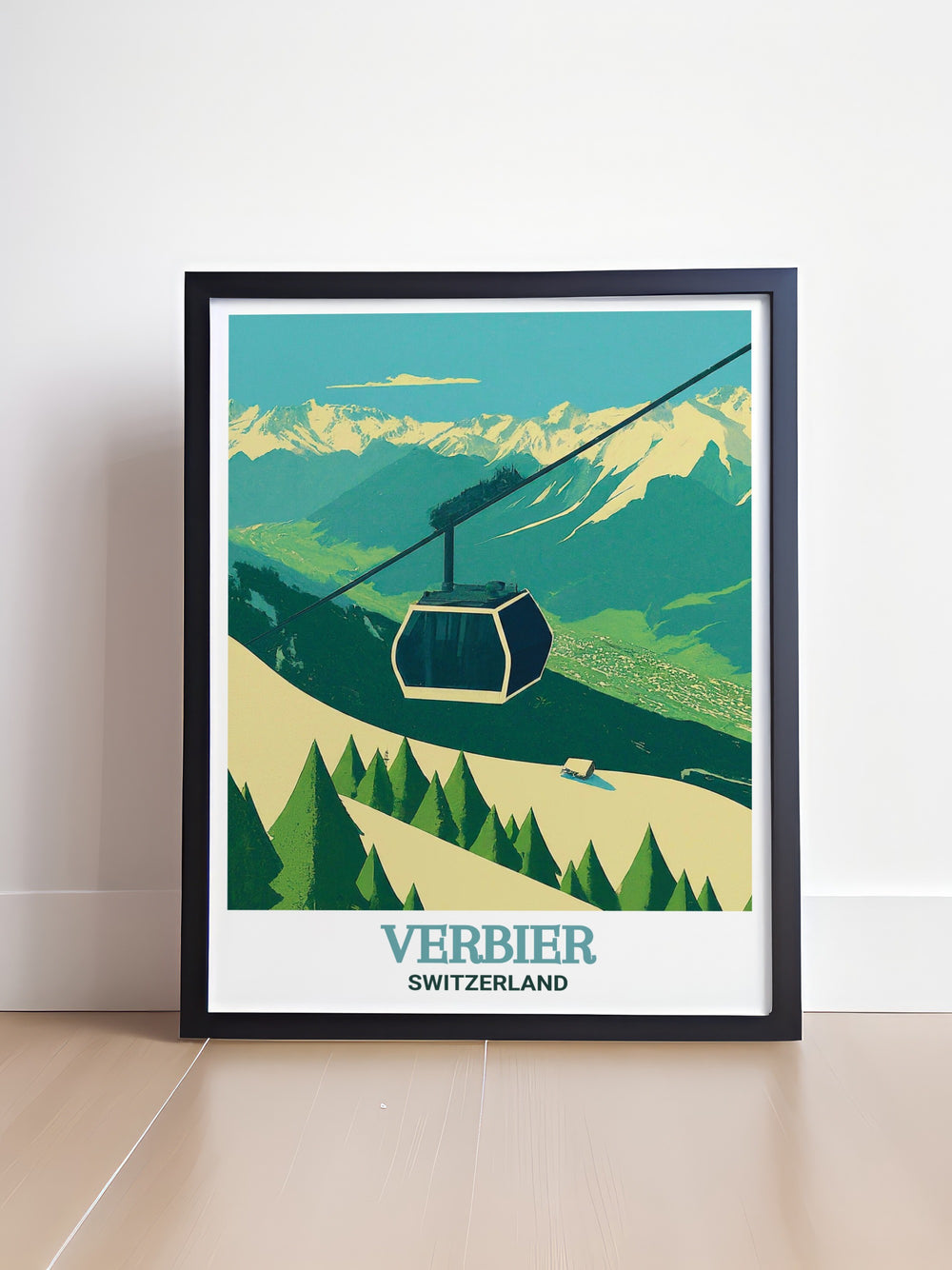 This Swiss Alps travel poster featuring the Le Châble Gondola brings the serene beauty of Verbier into your home. With its vintage ski theme, this artwork is a perfect gift for those who cherish the thrill of the slopes and the beauty of the mountains.