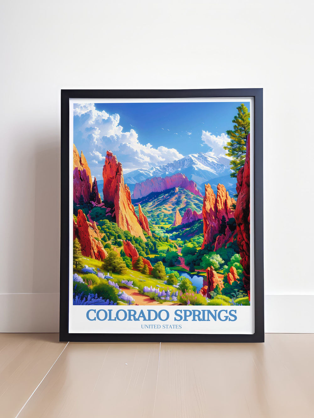 Beautiful Colorado Poster showcasing the majestic landscapes of Garden of Gods and Pikes Peak ideal for art lovers