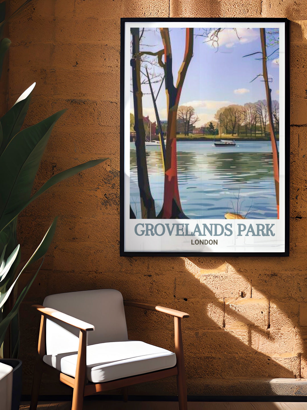 Celebrate the natural beauty of Londons Grovelands Park Lake with this modern print. The elegant design and soothing colors make it an ideal addition to your home decor capturing the calm atmosphere of North Londons scenic parks.