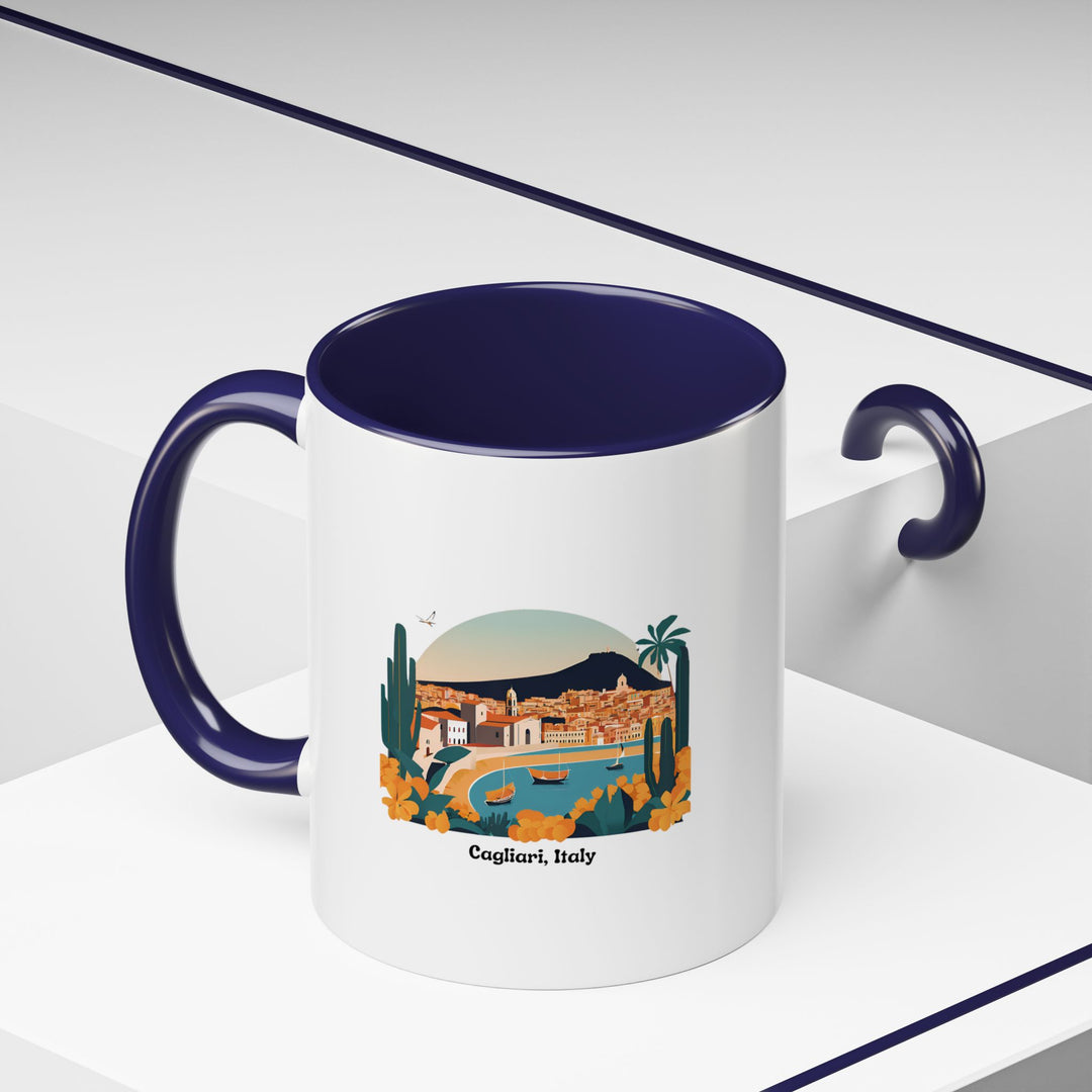 A ceramic Cagliari Sardinia Mug with bold and colorful artwork depicting the iconic charm of Sardinia. This dishwasher-safe mug is a practical yet artistic choice for daily use or as a memorable gift for travelers.