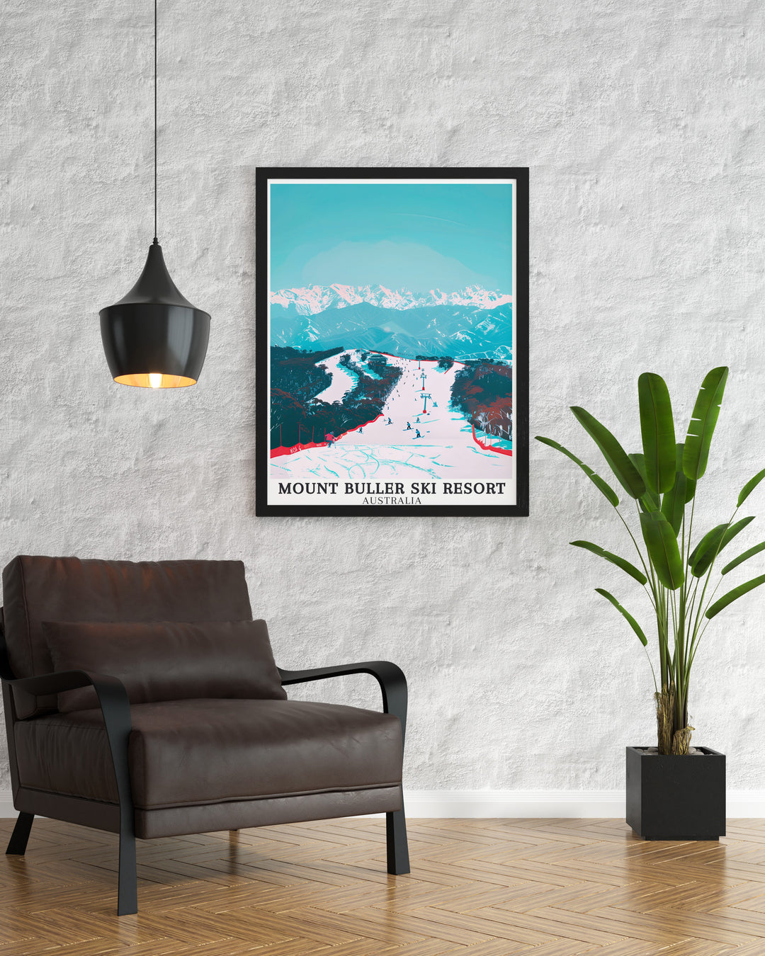 Mount Buller Wall Poster showcasing the lively atmosphere and stunning scenery of Australias top ski destination. The poster captures the excitement of winter sports and the serene beauty of the snow covered mountains, making it a great addition to any space celebrating the outdoors. Perfect for winter sports fans and nature lovers.