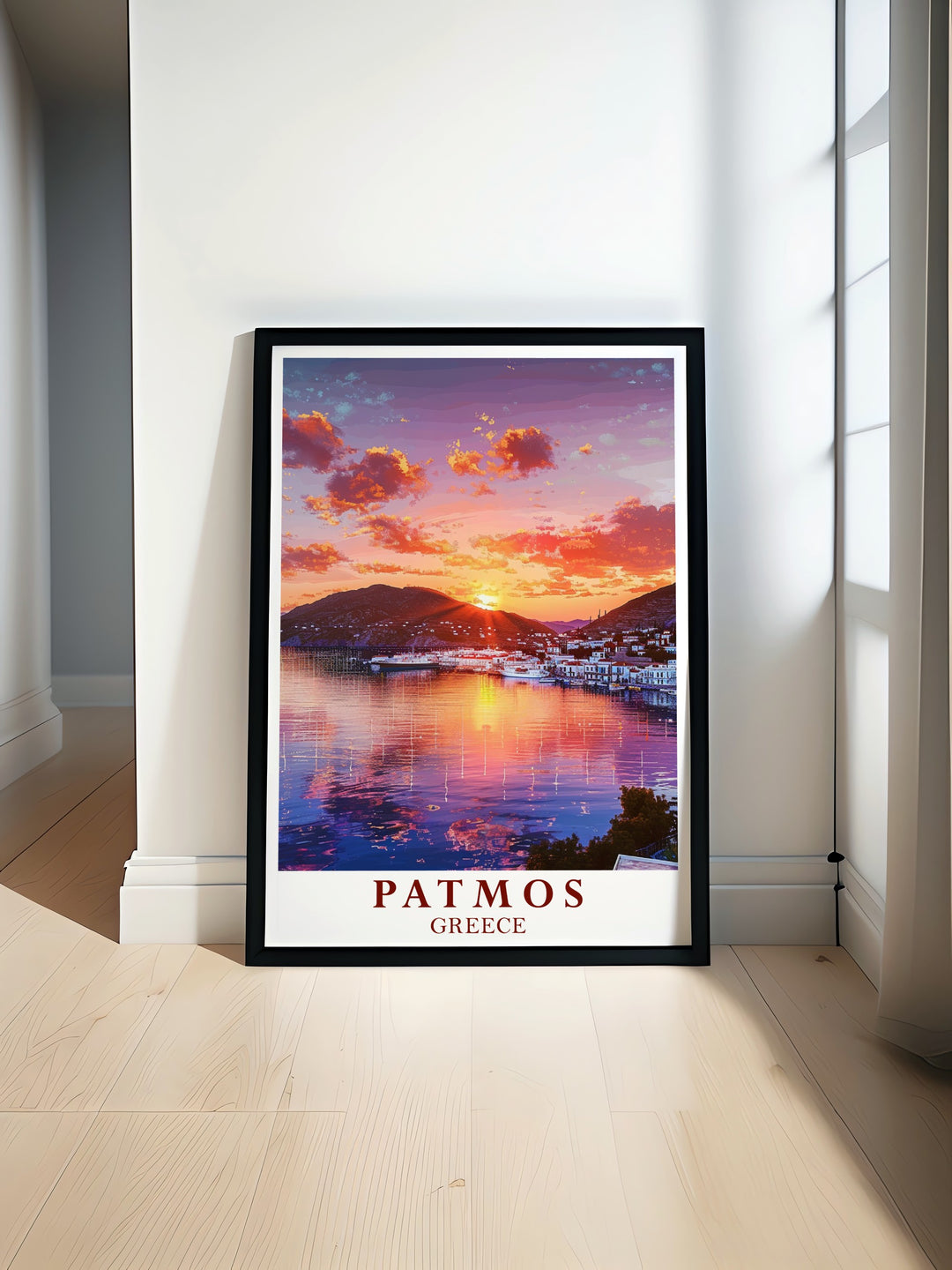 Patmos poster print featuring the serene beauty of Patmos islands with Skala Harbor modern prints perfect for adding a touch of Greek elegance to your home decor vibrant colors and intricate designs make this wall art a must have for any Greece island art lover