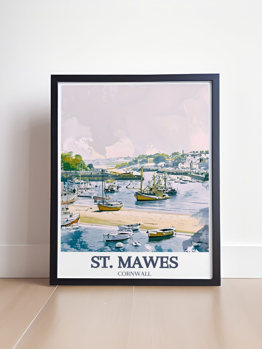 Cornwall art print showcasing the beauty of St. Mawes Harbour and St. Mawes Beach perfect for adding elegant coastal decor to your home this beautiful artwork brings the tranquility of Cornwall into any room ideal for modern or traditional interior styles