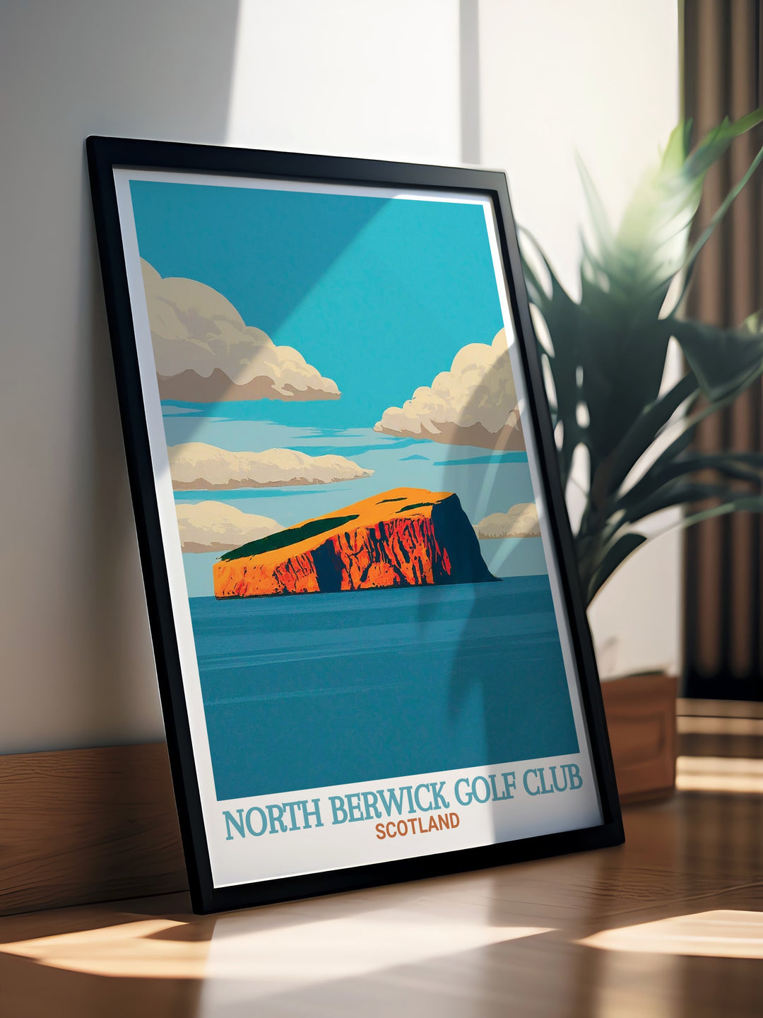 Bass Rock Canvas Print highlighting the iconic volcanic island off the coast of Scotlands East Lothian region. This travel poster brings the rugged coastal scenery and the striking beauty of Bass Rock into any home or office, ideal for those who love Scotland.