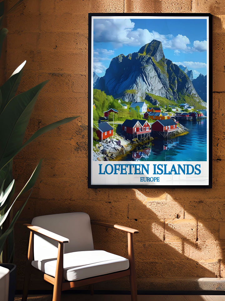 Gallery wall art of Hamnøy in the Lofoten Islands, Norway, featuring panoramic views of the fishing village and the surrounding mountains. The print captures the stunning vistas and the peaceful atmosphere, offering a captivating depiction of the Norwegian coast. The intricate details and vivid colors make this artwork perfect for a gallery wall.