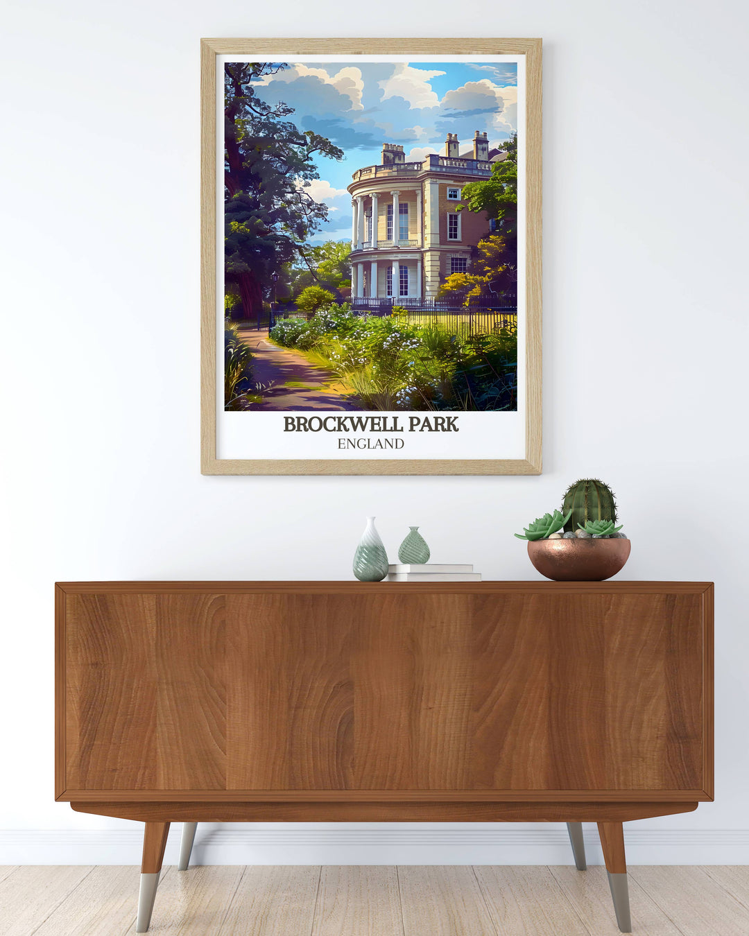 Brockwell Park art print showing Brockwell Hall amidst vibrant spring greenery, perfect for London wall art enthusiasts