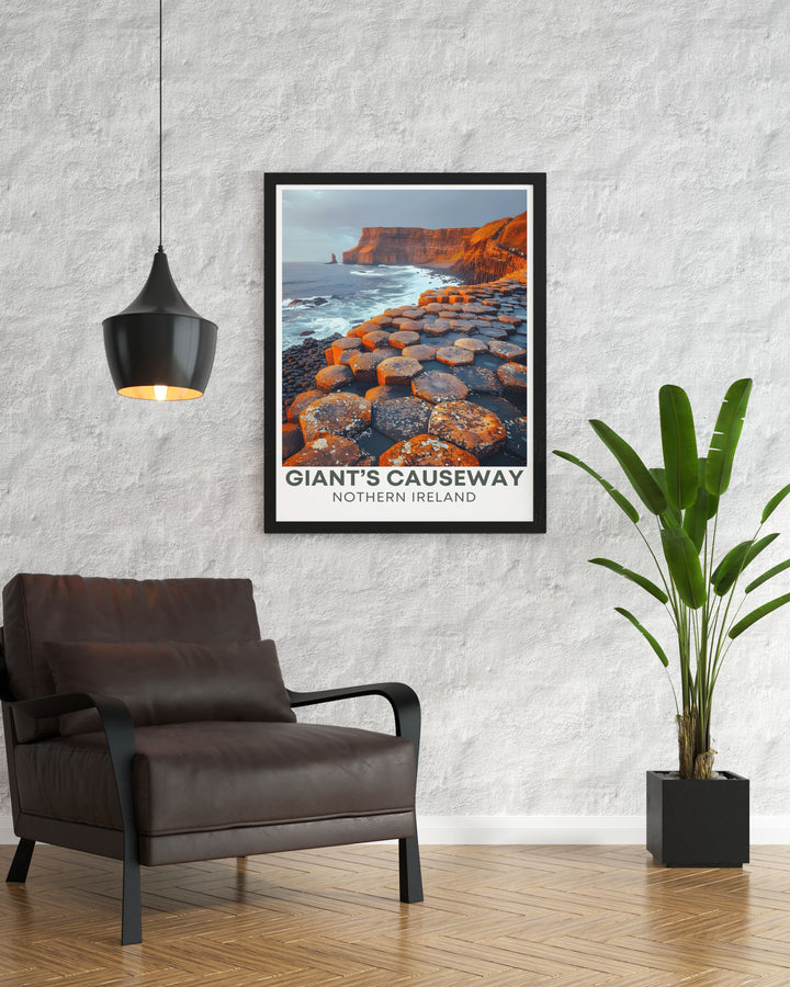 Vintage poster of the basalt columns at Giants Causeway, highlighting the geological formations and scenic beauty of Northern Irelands coastline, ideal for those who appreciate the blend of natural wonder and rugged charm.