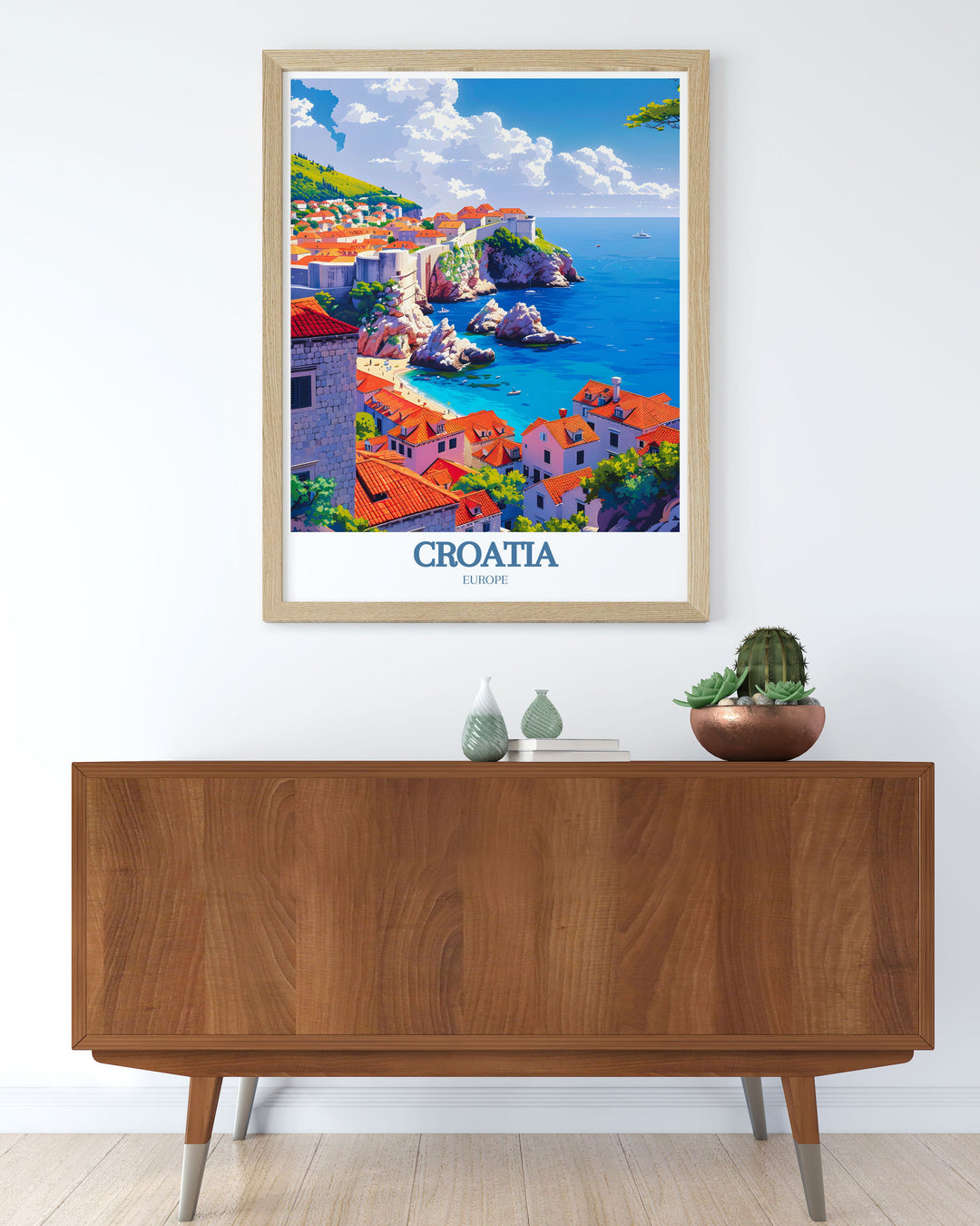 This poster artfully depicts the natural beauty of the Adriatic Sea and the historic landscapes of Dubrovnik Old Town, offering a perfect blend of Croatias coastal and cultural landmarks for your decor.