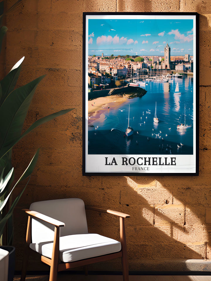 Elegant France travel print showcasing the timeless beauty of La Rochelles Old Port and the serene Île de Ré. The artwork offers a glimpse into the peaceful life along Frances Atlantic coast, making it a thoughtful gift for lovers of French culture