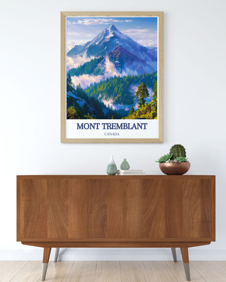 Mont Tremblant Ski Poster illustrating the breathtaking Laurentian Mountains and the serene snow covered slopes perfect for any ski enthusiast or nature lover this framed print adds elegance and adventure to any room in your home or office space.