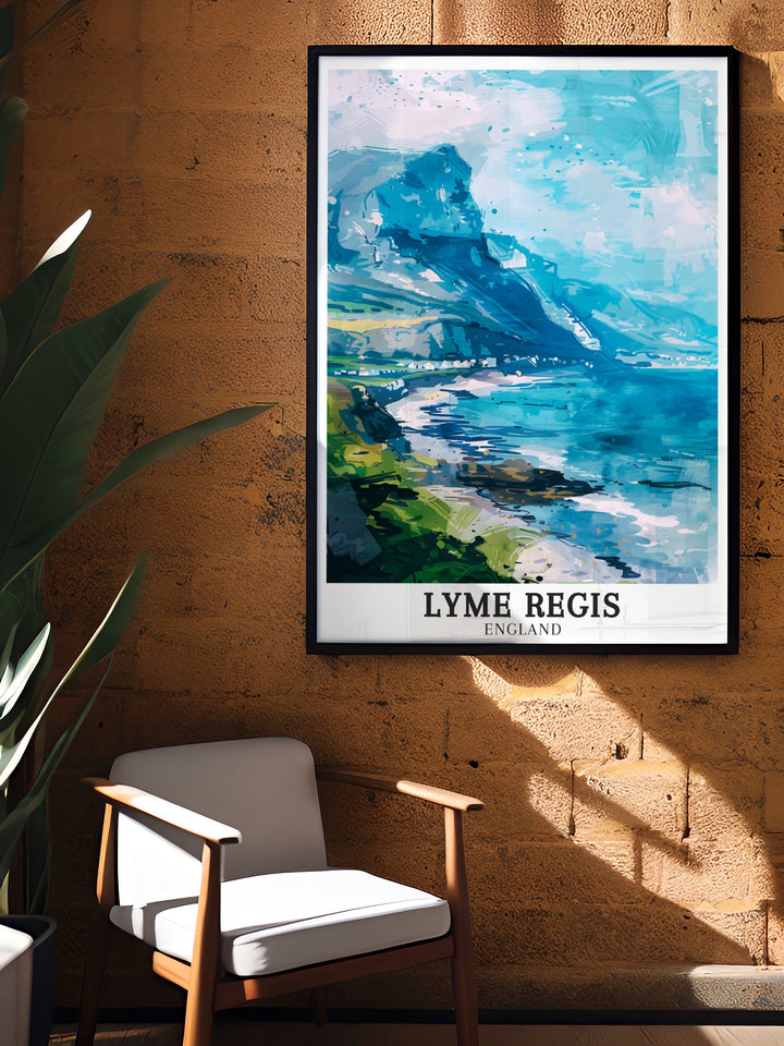 Celebrate the beauty of Englands southern coast with this travel poster featuring Charmouth Ledge and Charmouth Beach. The detailed artwork captures the essence of the Jurassic Coast, making it an ideal piece for lovers of coastal landscapes and fossil hunting.