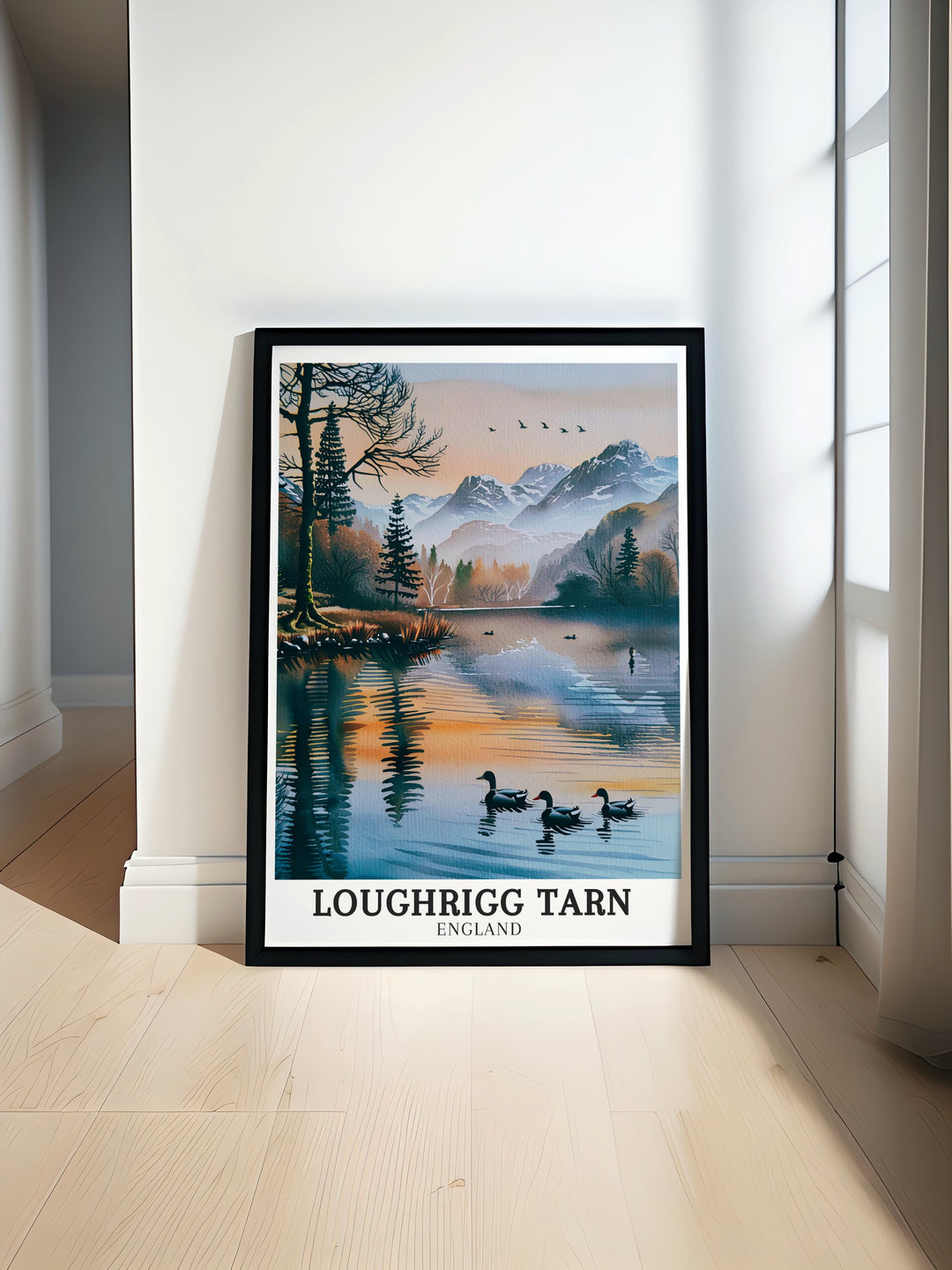 Loughrigg Tarn and Langdale Pikes art deco travel posters showcasing vibrant landscapes and serene waters of Lake District National Park. These framed travel posters are ideal for adding a touch of European elegance to your wall decor. Experience the charm of Lake District National Park through our beautifully crafted art deco travel posters.