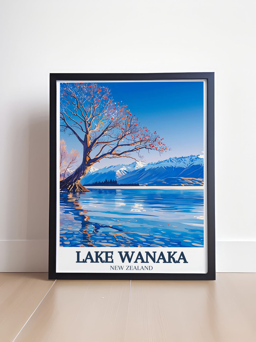 Captivating Lake Wanaka art print with the iconic lake wanaka tree in Mount Aspiring National Park Perfect for nature lovers and travel enthusiasts looking to enhance their home decor with a piece of New Zealand